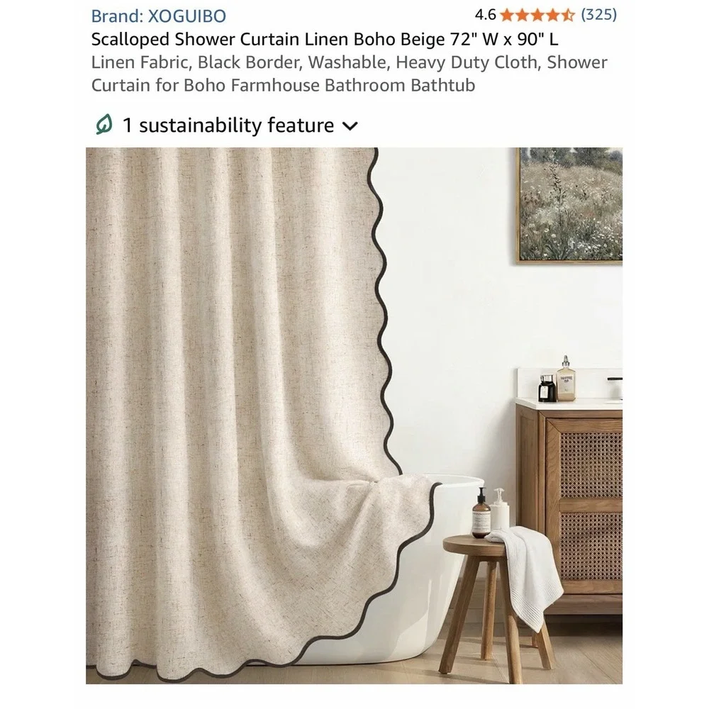Extra Long Boho Shower Curtain - 90 Inch Long Scalloped Linen Textured Thick NIB